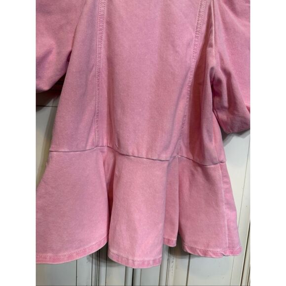 H&M Girls Denim Look Puff Sleeve Square Neck Peplum Blouse Light Pink Size 8-10 - Picture 2 of 7